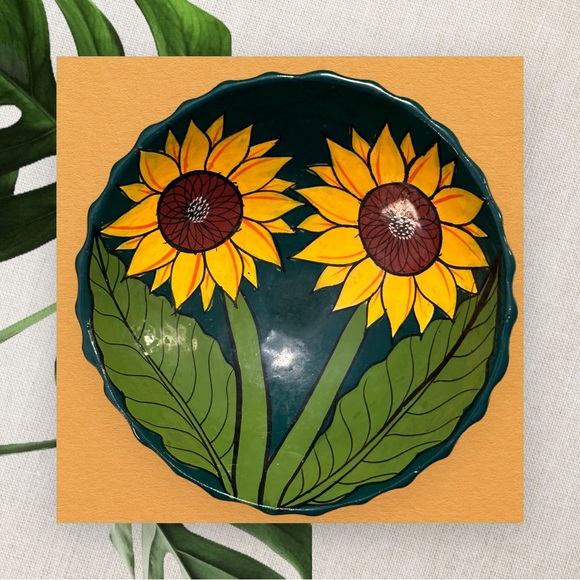 VTG Set of 2 Colorful Mexican Talavera Pottery Sunflower Footed Bowl Glazed - Picture 4 of 5